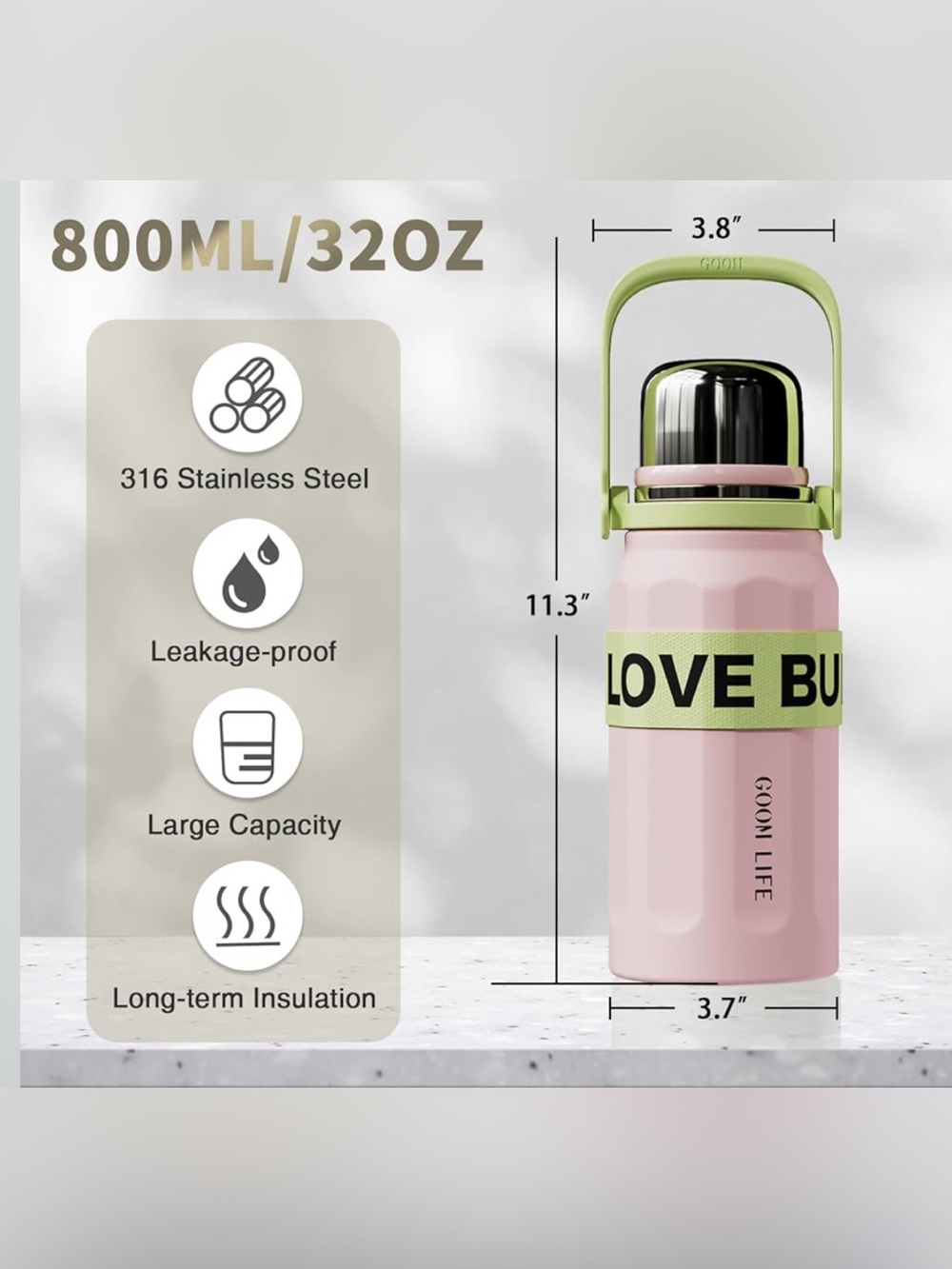 GOOM 32oz Thermos Pink Water Bottle, Stainless Steel, No Leak, Strap Love Bullet - Picture 3 of 16